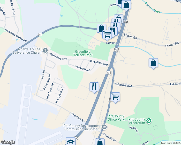 map of restaurants, bars, coffee shops, grocery stores, and more near 115 Woodside Road in Greenville