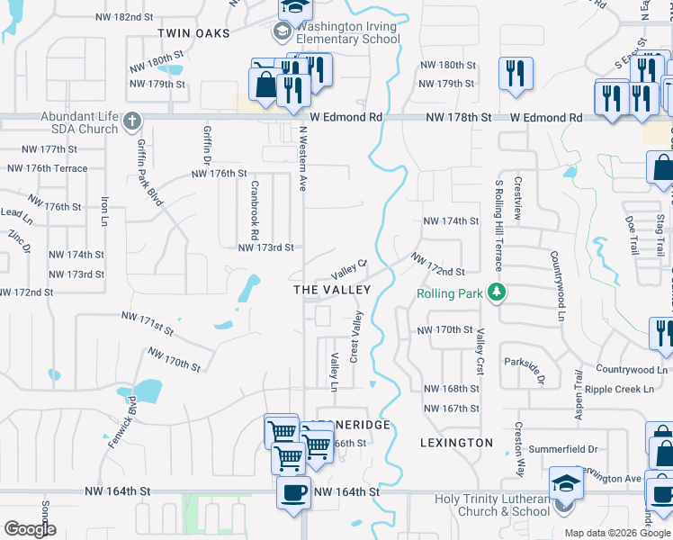 map of restaurants, bars, coffee shops, grocery stores, and more near 1003 Valley Court in Edmond