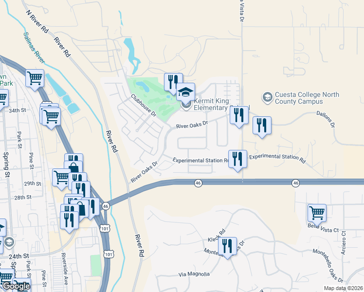 map of restaurants, bars, coffee shops, grocery stores, and more near 2642 Vineyard Circle in Paso Robles