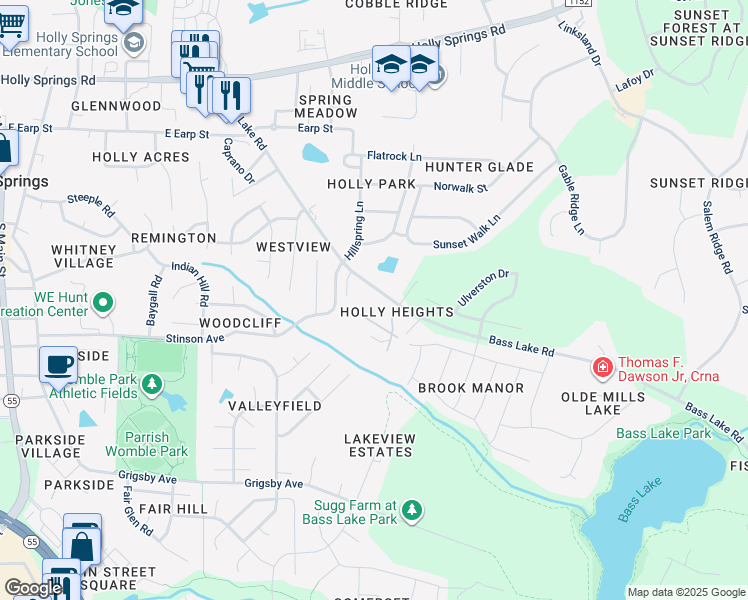 map of restaurants, bars, coffee shops, grocery stores, and more near 413 Bass Lake Road in Holly Springs