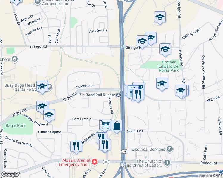 map of restaurants, bars, coffee shops, grocery stores, and more near 2195 West Zia Road in Santa Fe