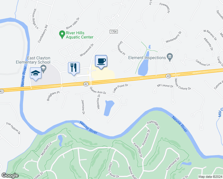 map of restaurants, bars, coffee shops, grocery stores, and more near 109 Lake Point Drive in Clayton