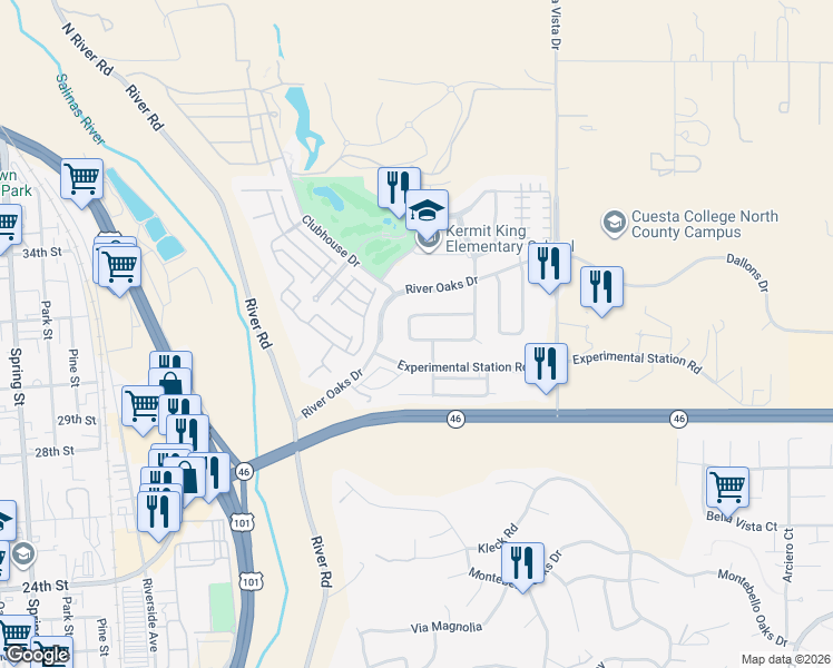 map of restaurants, bars, coffee shops, grocery stores, and more near 2642 Vineyard Circle in Paso Robles