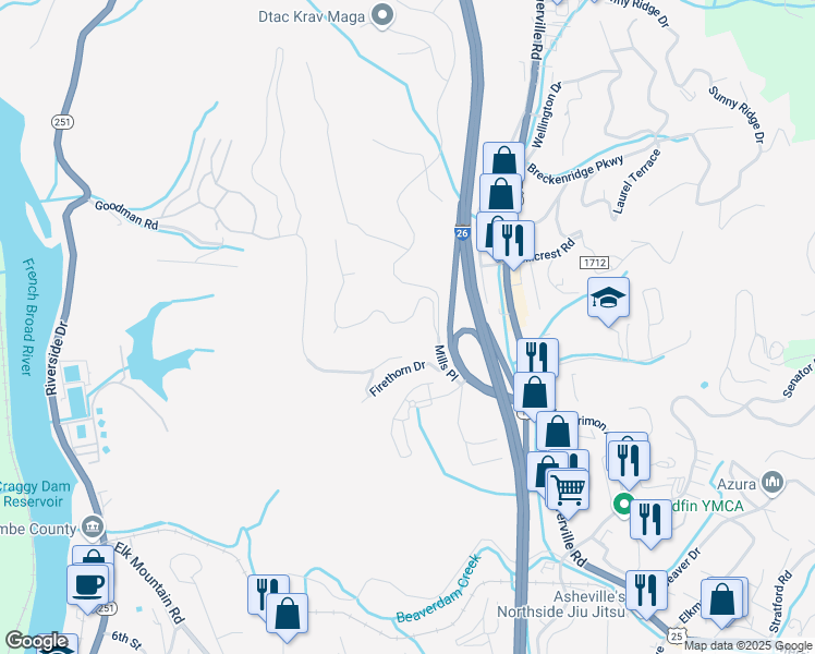 map of restaurants, bars, coffee shops, grocery stores, and more near 16 Audubon Drive in Asheville