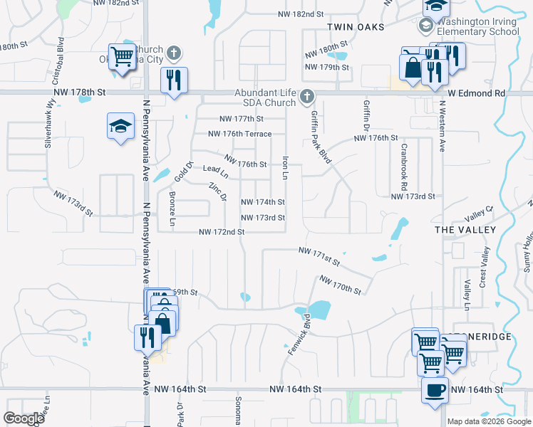 map of restaurants, bars, coffee shops, grocery stores, and more near 1717 Northwest 173rd Street in Edmond