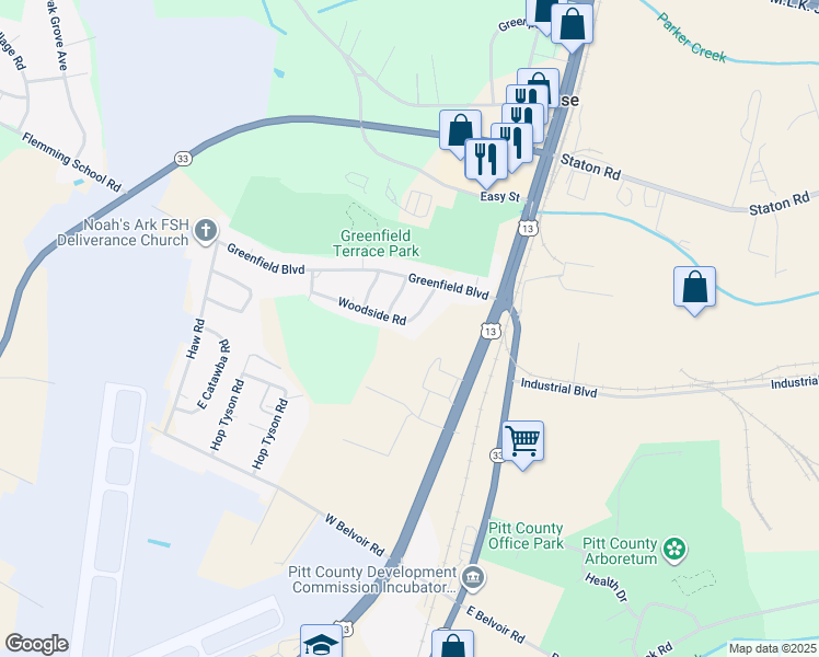 map of restaurants, bars, coffee shops, grocery stores, and more near 115 Woodside Road in Greenville