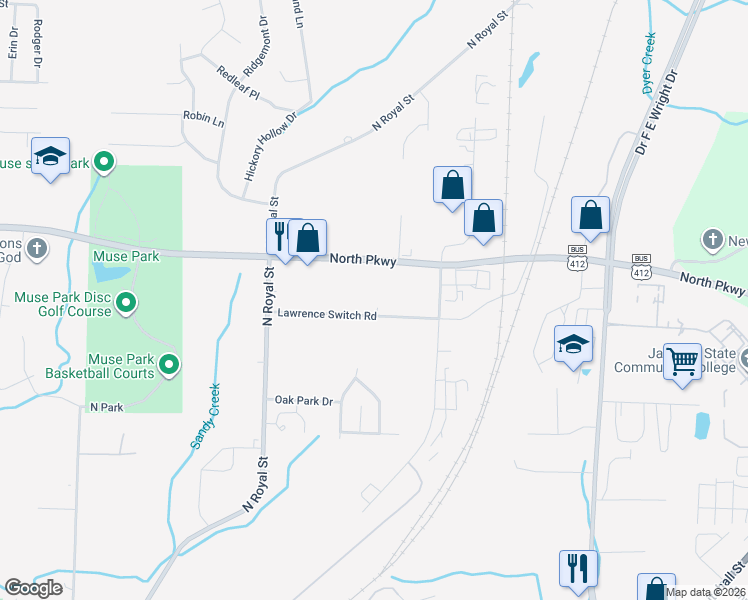 map of restaurants, bars, coffee shops, grocery stores, and more near 1654 N Parkway in Jackson