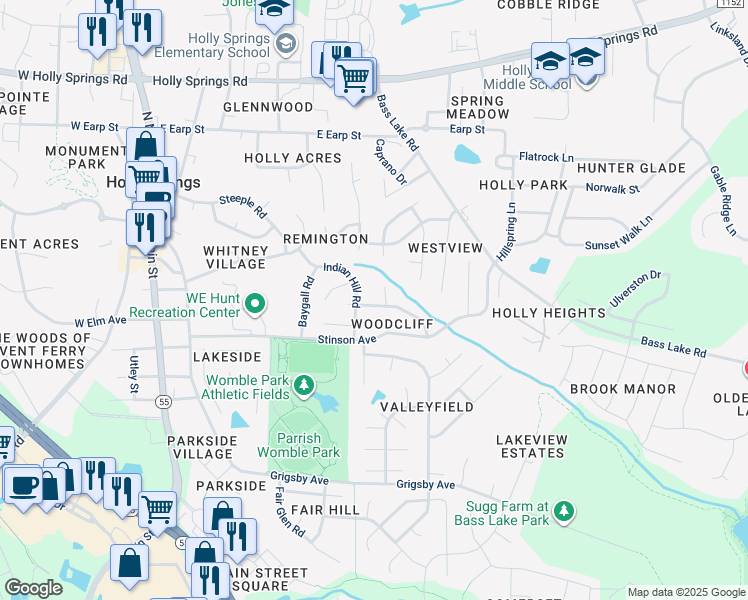 map of restaurants, bars, coffee shops, grocery stores, and more near 404 Noonday Court in Holly Springs