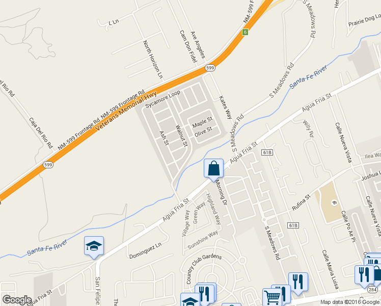 map of restaurants, bars, coffee shops, grocery stores, and more near Cottonwood Drive in Santa Fe