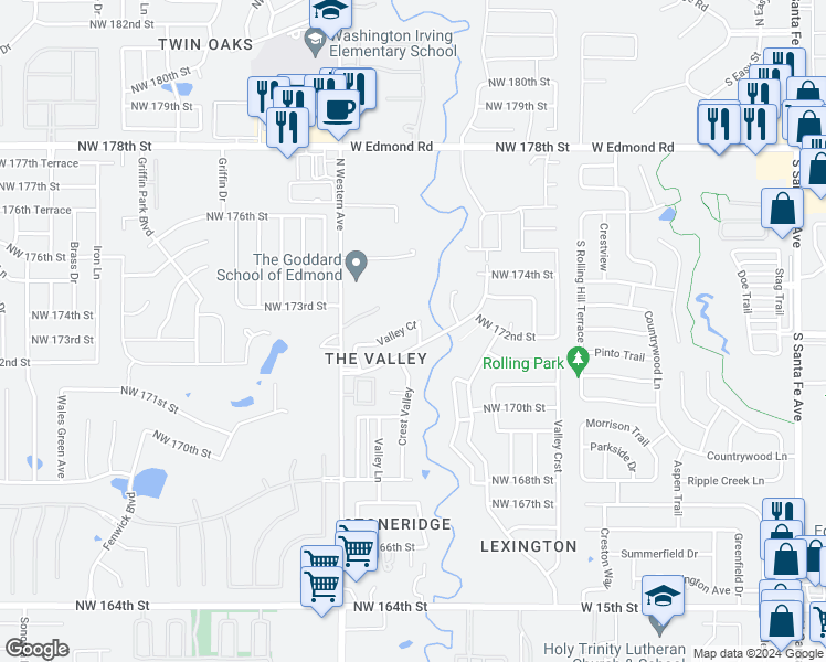 map of restaurants, bars, coffee shops, grocery stores, and more near 900 Valley Court in Edmond