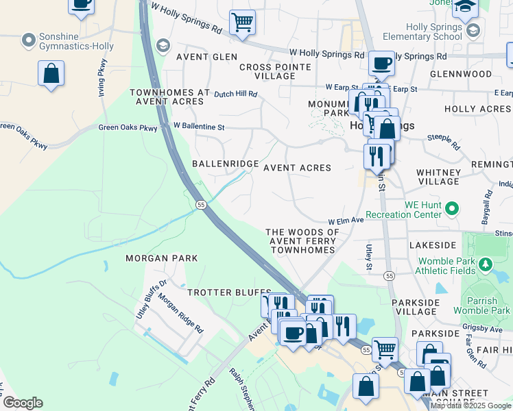 map of restaurants, bars, coffee shops, grocery stores, and more near 209 Chilmark Ridge Drive in Holly Springs