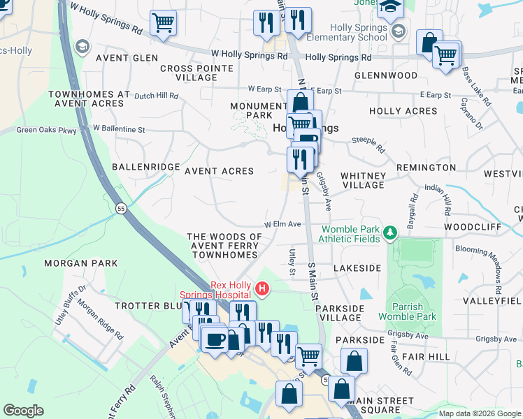 map of restaurants, bars, coffee shops, grocery stores, and more near 301 Cottonwood Lane in Holly Springs