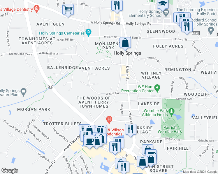 map of restaurants, bars, coffee shops, grocery stores, and more near 405 Avent Circle in Holly Springs