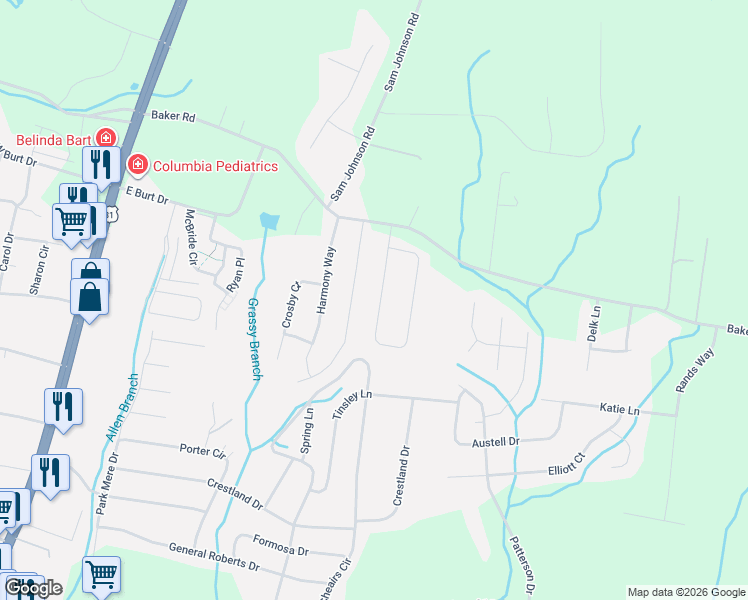 map of restaurants, bars, coffee shops, grocery stores, and more near 1032 Pretender Way in Columbia