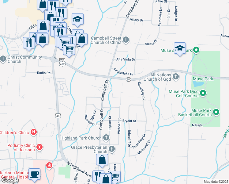 map of restaurants, bars, coffee shops, grocery stores, and more near 1334 Campbell Street in Jackson