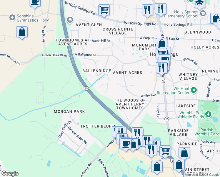 map of restaurants, bars, coffee shops, grocery stores, and more near 209 Chilmark Ridge Drive in Holly Springs