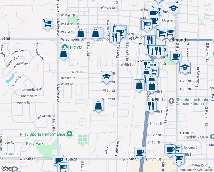 map of restaurants, bars, coffee shops, grocery stores, and more near 400 West 8th Street in Edmond