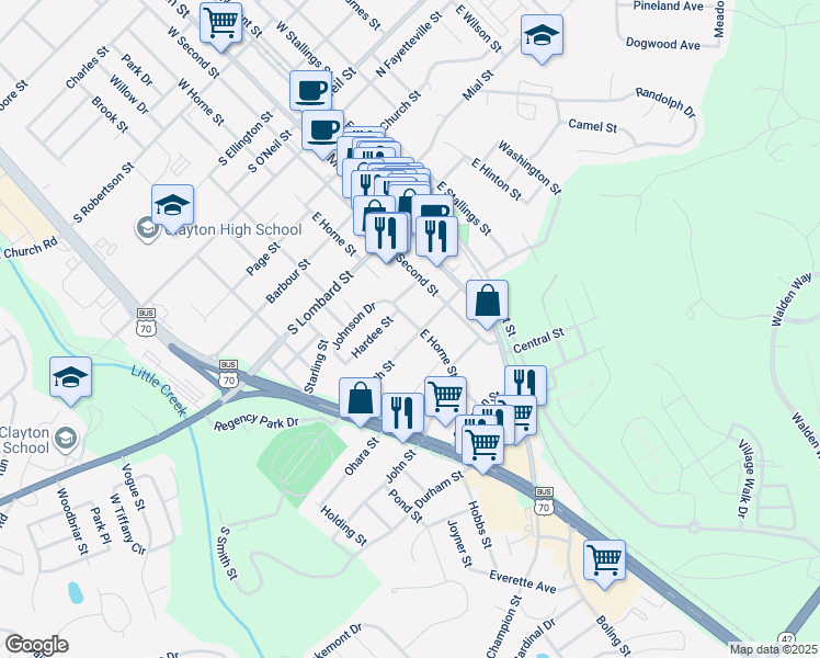 map of restaurants, bars, coffee shops, grocery stores, and more near 621 East Horne Street in Clayton