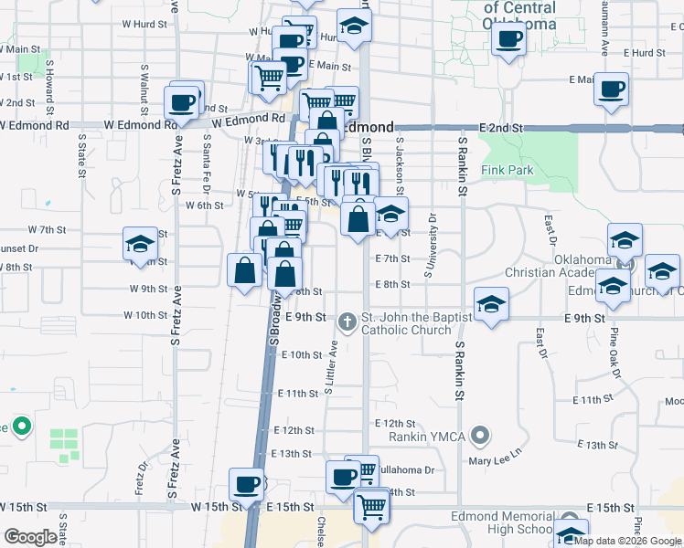map of restaurants, bars, coffee shops, grocery stores, and more near 722 South Littler Avenue in Edmond