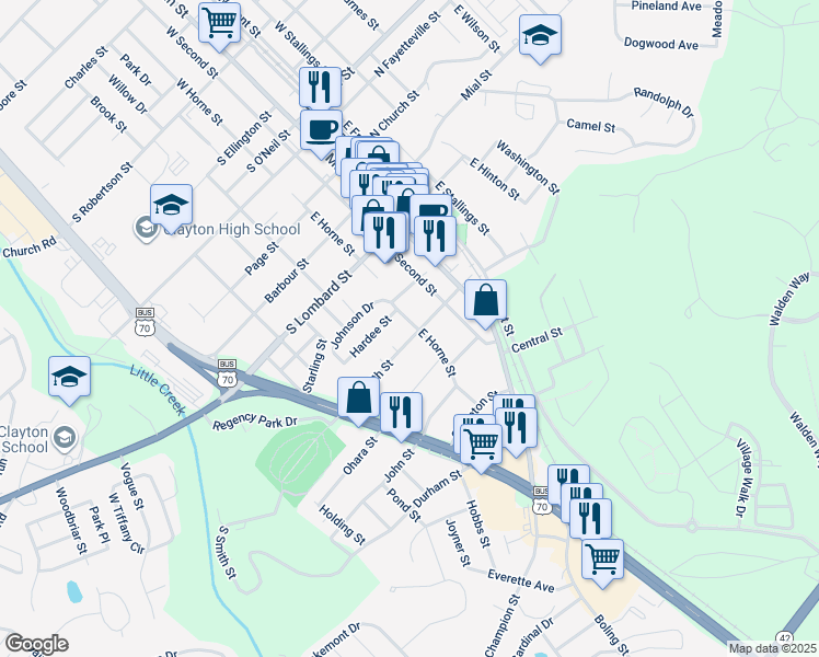 map of restaurants, bars, coffee shops, grocery stores, and more near 621 East Horne Street in Clayton