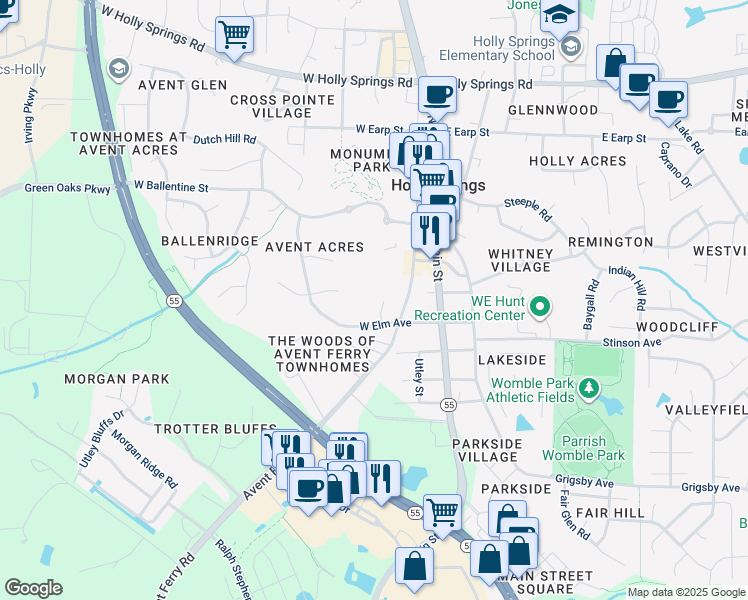 map of restaurants, bars, coffee shops, grocery stores, and more near 405 Avent Circle in Holly Springs