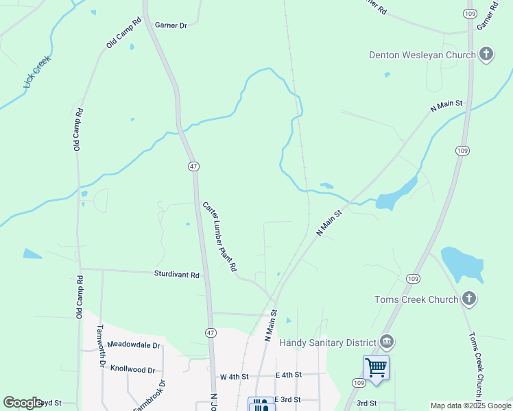 map of restaurants, bars, coffee shops, grocery stores, and more near North Carolina 47 in Denton