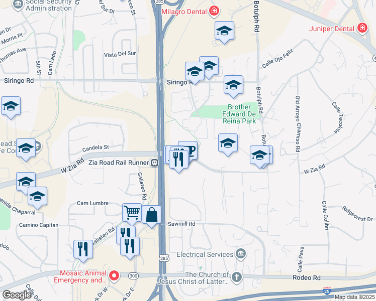 map of restaurants, bars, coffee shops, grocery stores, and more near 501 West Zia Road in Santa Fe