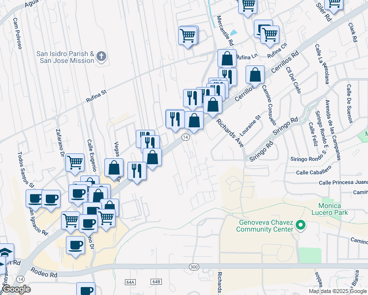 map of restaurants, bars, coffee shops, grocery stores, and more near 3360 Cerrillos Road in Santa Fe