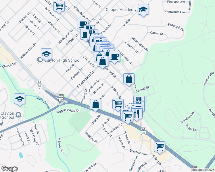 map of restaurants, bars, coffee shops, grocery stores, and more near 619 East Horne Street in Clayton