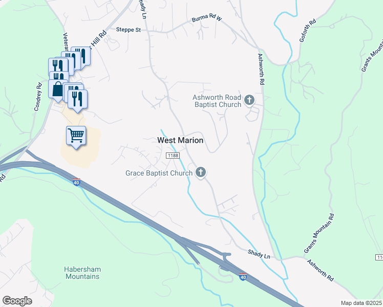 map of restaurants, bars, coffee shops, grocery stores, and more near 823 Shady Lane in Marion