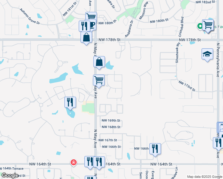 map of restaurants, bars, coffee shops, grocery stores, and more near 17228 Ridgewood Drive in Edmond