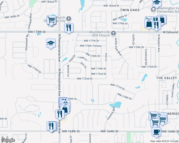 map of restaurants, bars, coffee shops, grocery stores, and more near 17405 Platinum Lane in Edmond