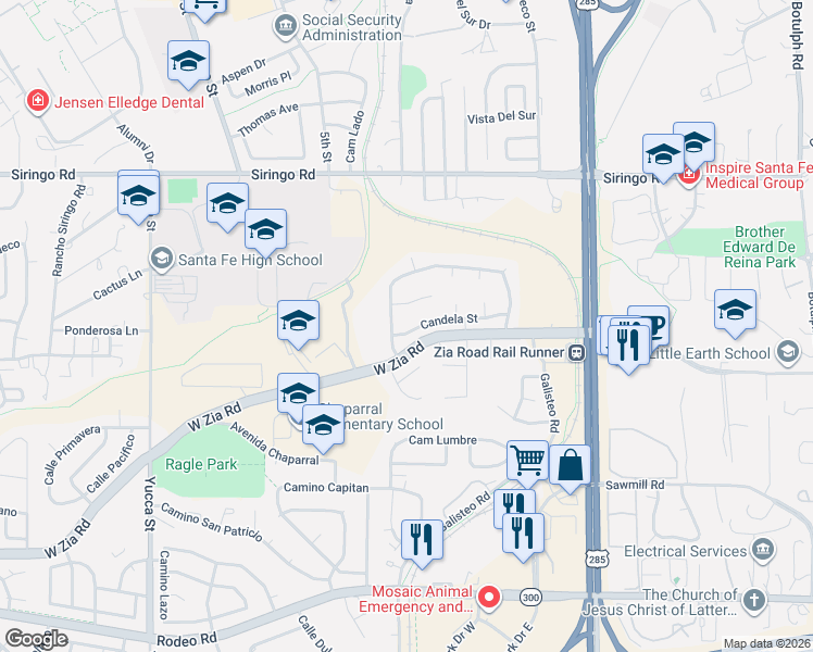 map of restaurants, bars, coffee shops, grocery stores, and more near 1889 Candela Street in Santa Fe