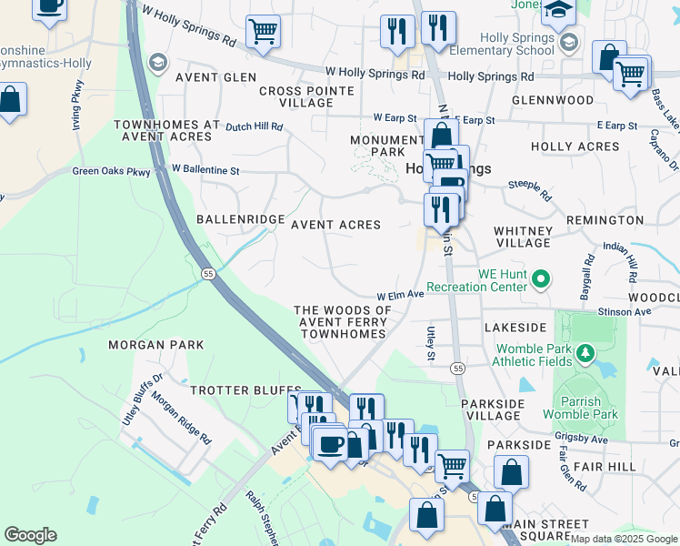 map of restaurants, bars, coffee shops, grocery stores, and more near 240 West Elm Avenue in Holly Springs