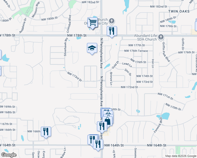map of restaurants, bars, coffee shops, grocery stores, and more near 17409 Gold Drive in Edmond
