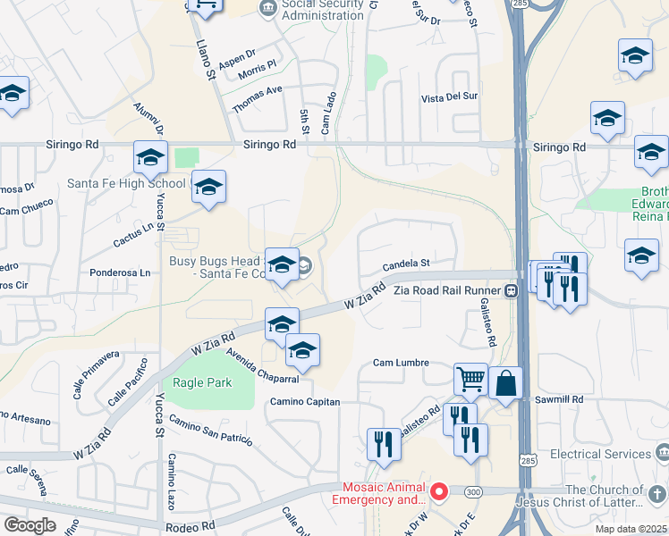 map of restaurants, bars, coffee shops, grocery stores, and more near 2195 West Zia Road in Santa Fe