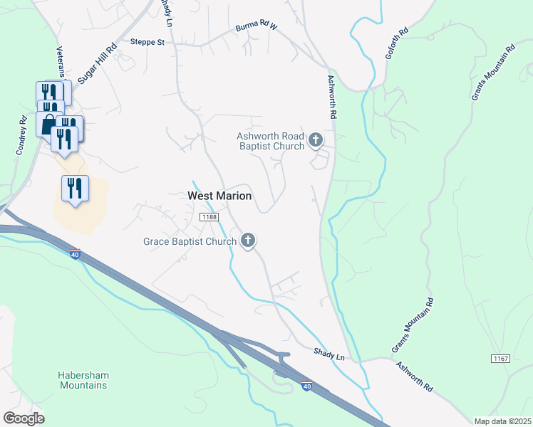 map of restaurants, bars, coffee shops, grocery stores, and more near 188 Dawn Drive in Marion