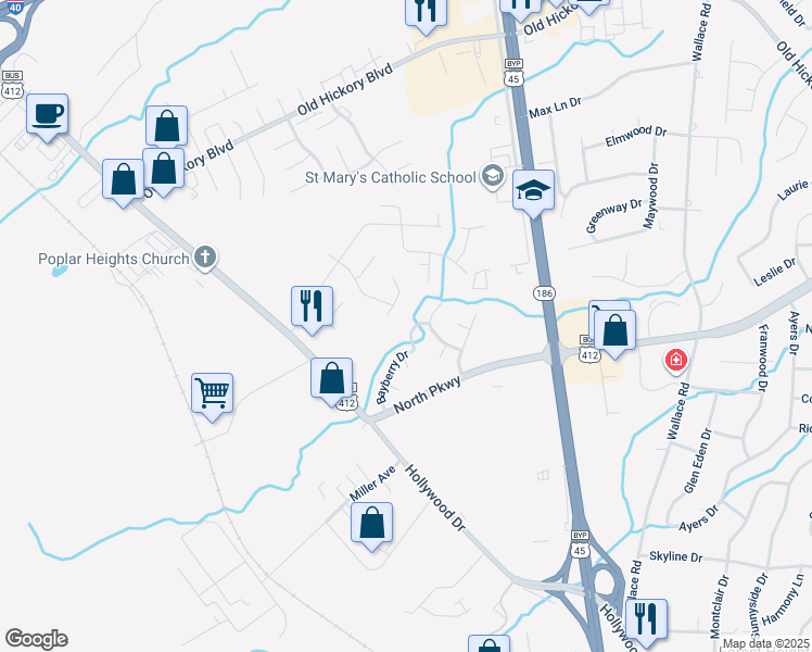 map of restaurants, bars, coffee shops, grocery stores, and more near 101 Bayberry Drive in Jackson