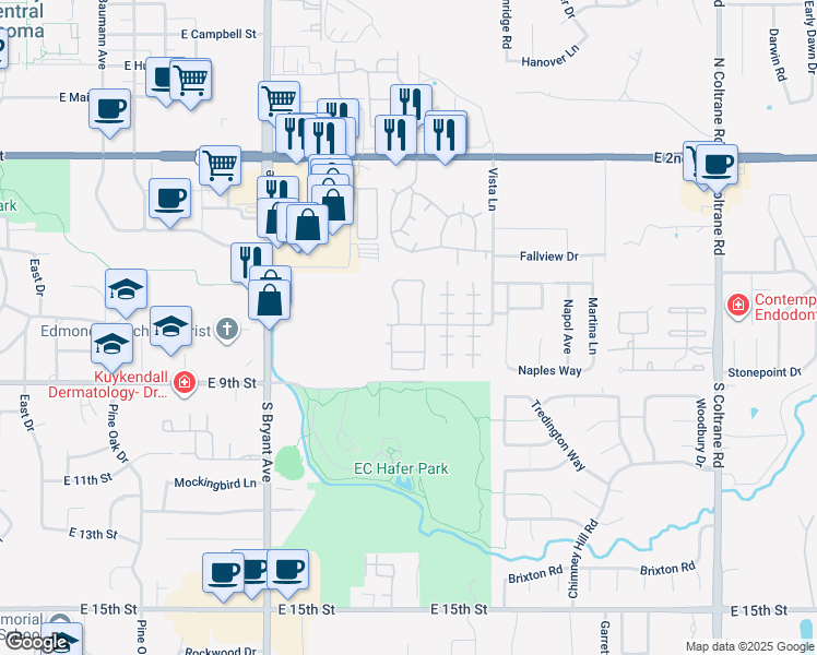 map of restaurants, bars, coffee shops, grocery stores, and more near 601 Vista Lane in Edmond