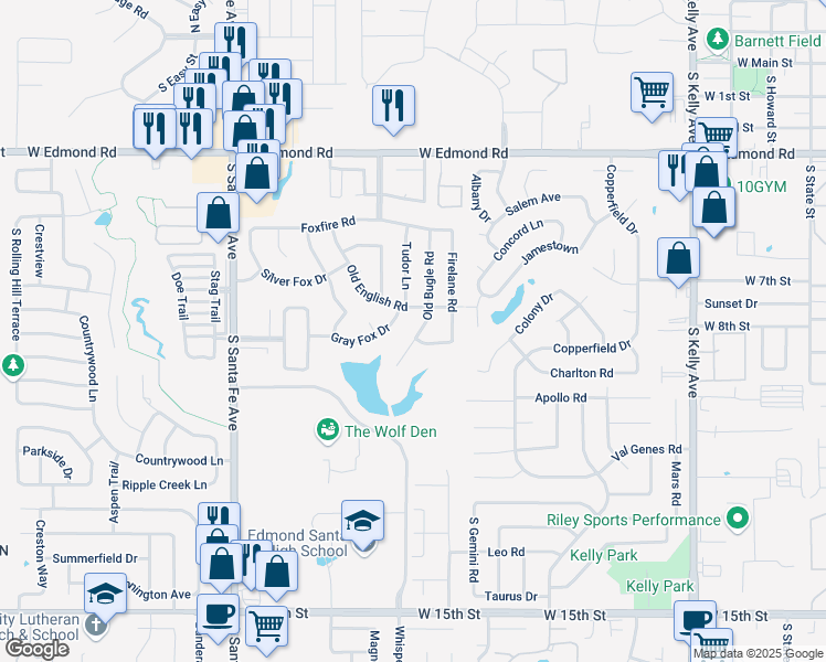 map of restaurants, bars, coffee shops, grocery stores, and more near 1800 Gray Fox Drive in Edmond