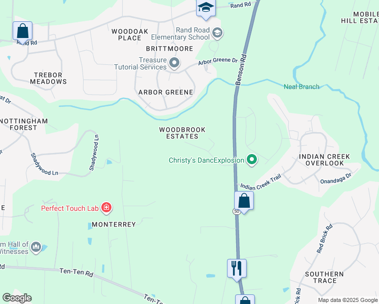 map of restaurants, bars, coffee shops, grocery stores, and more near 1120 Woodbrook Way in Garner