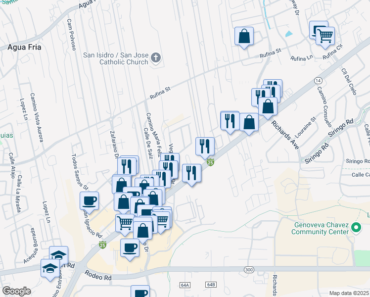 map of restaurants, bars, coffee shops, grocery stores, and more near 1405 Vegas Verdes Ln in Santa Fe