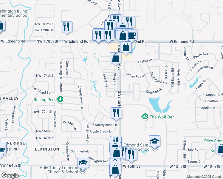 map of restaurants, bars, coffee shops, grocery stores, and more near 2325 Golden Lane in Edmond