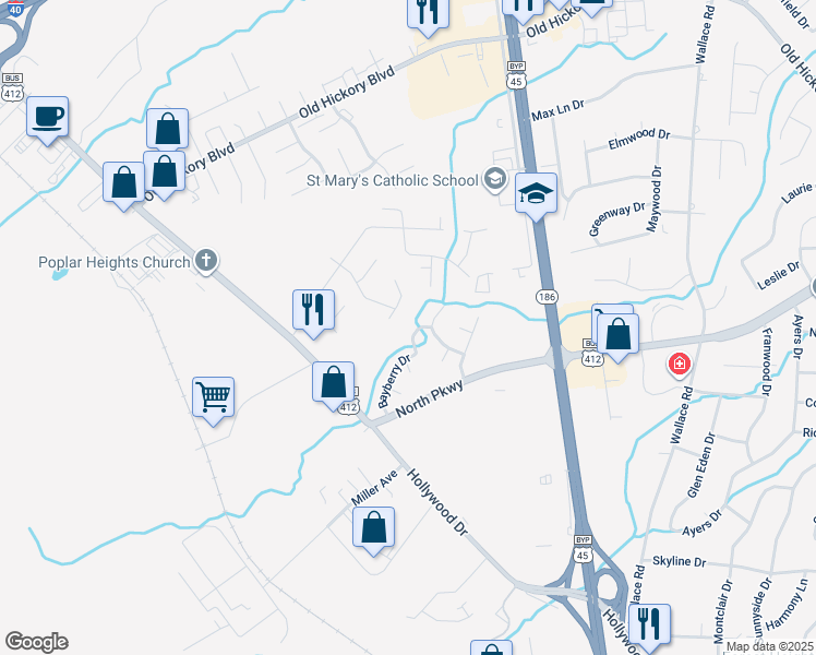 map of restaurants, bars, coffee shops, grocery stores, and more near 101 Bayberry Drive in Jackson