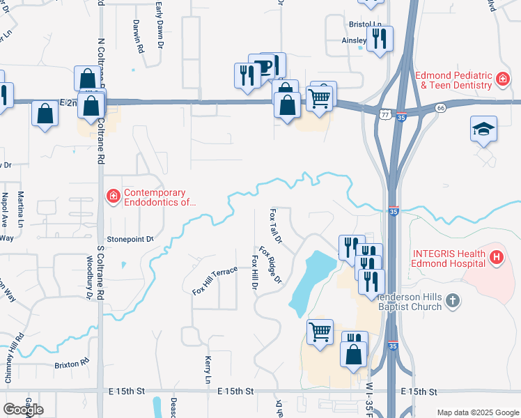 map of restaurants, bars, coffee shops, grocery stores, and more near 608 Fox Hill Drive in Edmond