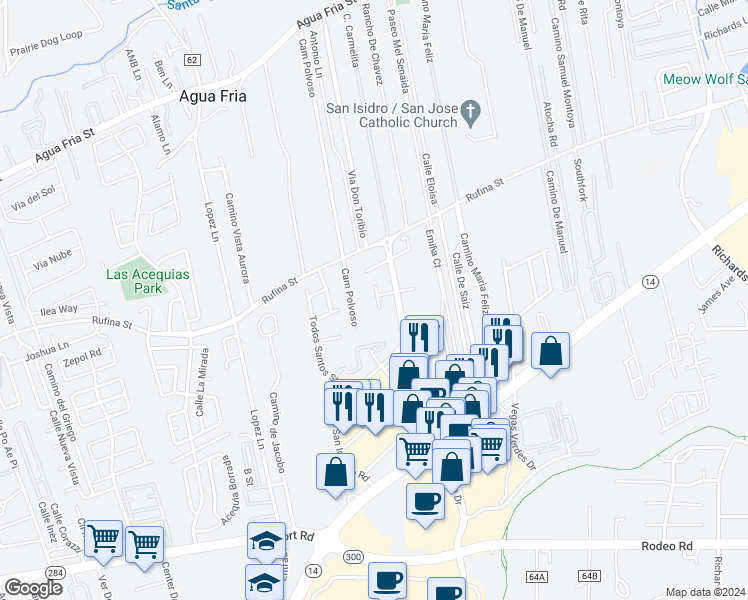 map of restaurants, bars, coffee shops, grocery stores, and more near 4332C Santo Domingo Street in Santa Fe