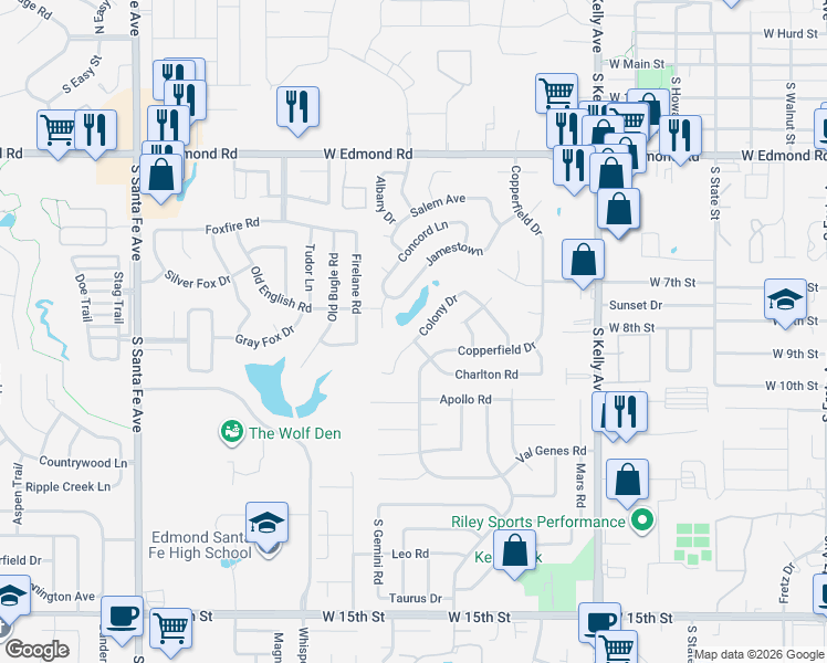 map of restaurants, bars, coffee shops, grocery stores, and more near 713 Colony Drive in Edmond