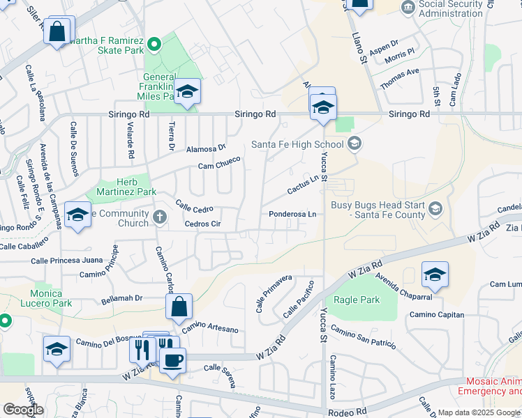 map of restaurants, bars, coffee shops, grocery stores, and more near 2205 Rancho Siringo Road in Santa Fe