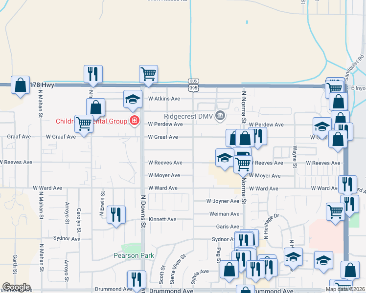 map of restaurants, bars, coffee shops, grocery stores, and more near 718 West Bennett Street in Ridgecrest