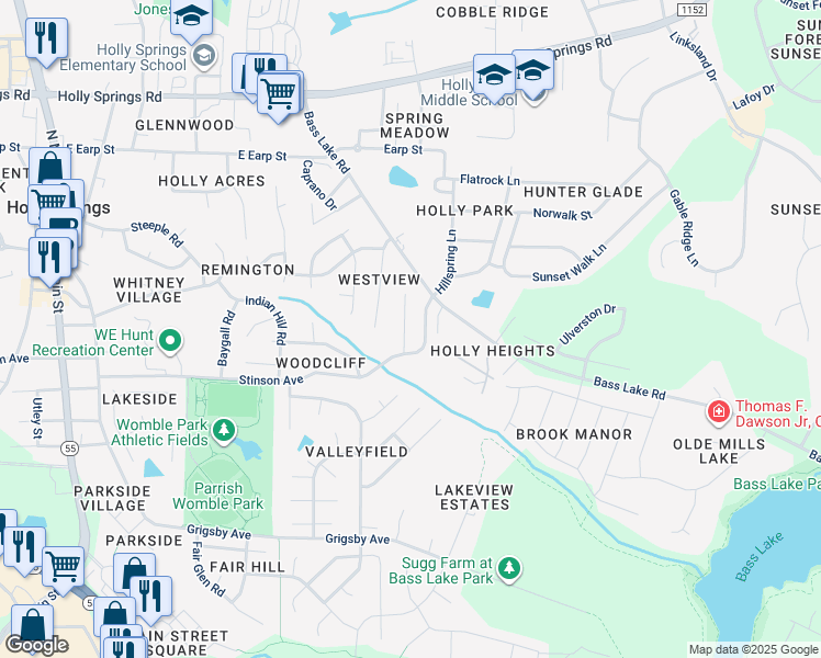 map of restaurants, bars, coffee shops, grocery stores, and more near 120 Lacombe Court in Holly Springs